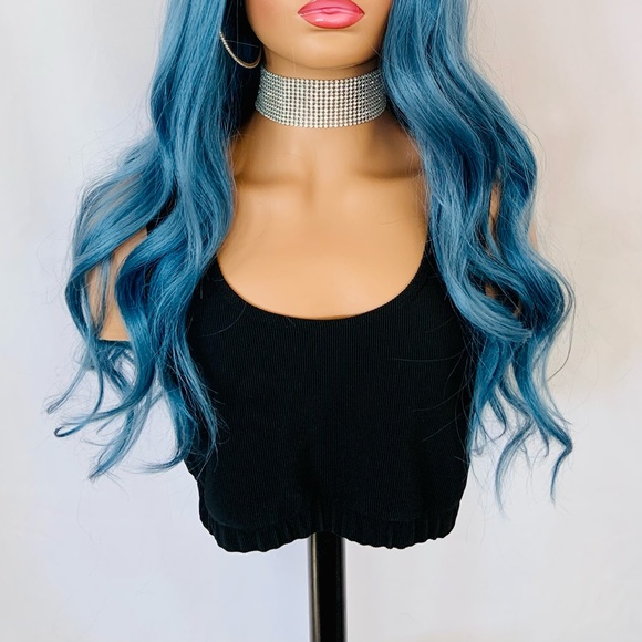 Long Gorgeous 28” Ocean Blue Color Premium Fiber Glueless Lace Front Wig - Picture 2 of 10